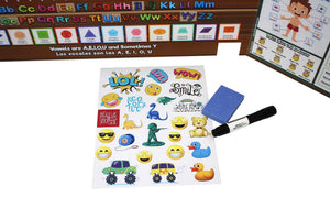 Fun stickers and dry erase marker and eraser included.